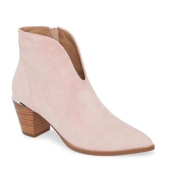 Paolo Shoes - Linea Paolo Westly Bootie Blush Suede Gold Accent Pointed Toe Ankle Boots